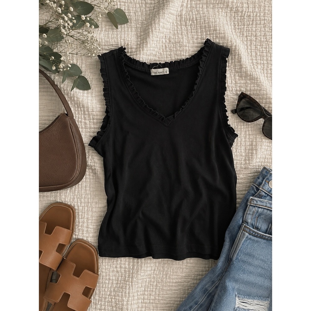 The Nines Black Ribbed Ruffle Trim V-Neck Sleeveless Top H21051 Small